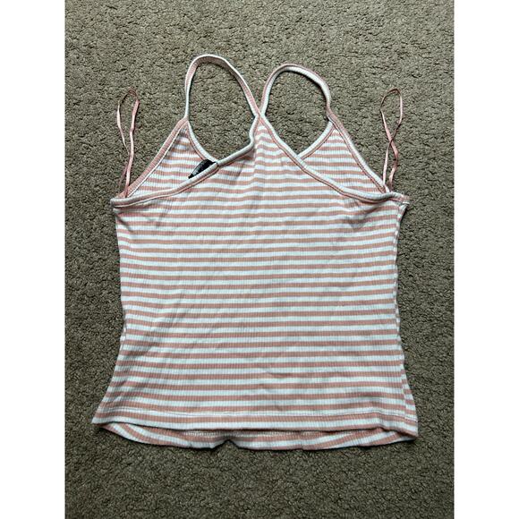 Women’s large ambiance pink and white striped ribbed cropped tank top racer back - Picture 3 of 4